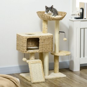Arranhador para gatos 60 x 40 x 98 cm, compartimentos abertos, cesto de observação, plataformas e pompons suspensos bege