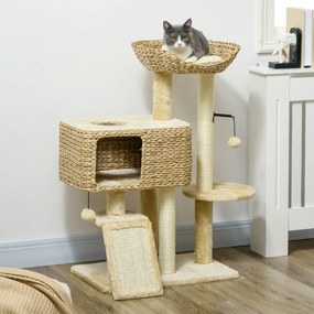 Arranhador  para gatos com arranhador, nicho, cesto de observação, plataformas e pompons suspensos, 60 x 40 x 98 cm, bege