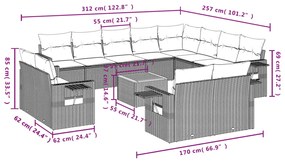 13 pcs conjunto sofás p/ jardim c/ almofadões vime PE cinzento