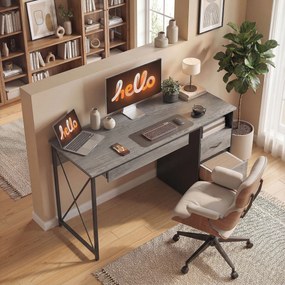Secretária para computador, 120×50 cm, com espaço de arrumação, suporte para teclado, compartimento aberto e 2 gavetas, cinzenta