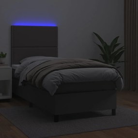 Cama box spring c/ colchão/LED 90x200 cm couro artificial cinza