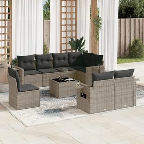 9 pcs conjunto sofás p/ jardim com almofadões vime PE cinzento