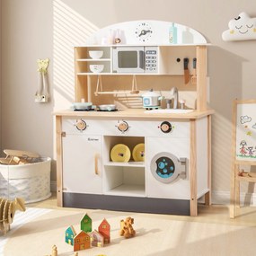 Cozinha de brincar para crianças de 3 anos Cozinha de brincar em madeira com micro-ondas, máquina de lavar roupa, escorredor Simulado 79 x 35 x 98 cm