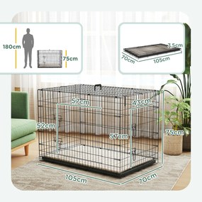 Gaiola de transporte dobrável para cães com pega, tabuleiro removível e almofada incluída – 105 x 70 x 75 cm – preta