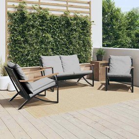 vidaXL 3 pcs conjunto mobiliário de varanda com almofadões aço preto