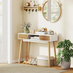 Mesa de Consola Estreita Consola de Entrada Moderna com 2 Gavetas Compartimento e Pés de Madeira 100x30x75 cm Branco