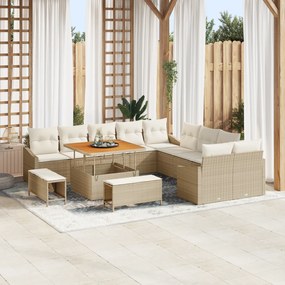 Conjunto de Sofá de Jardim vidaXL 13 Peças com Almofadas Bege Rattan Poliéster Acácia