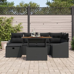 Conjunto de Sofás de Jardim de 7 Peças com Almofadas Preto Rattan Poli
