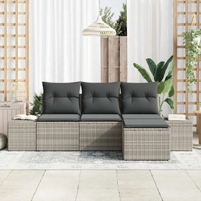 Sofá de Jardim com 4 Peças e Almofadas Cinza Claro em Rattan