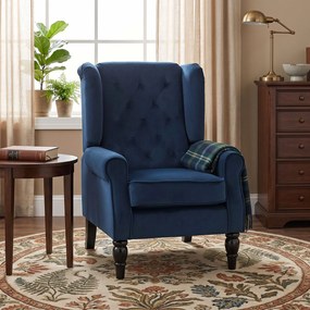 Poltrona de sala estofada com assento largo, pés de madeira, estilo clássico, grande conforto, 74x86x102 cm, azul escuro