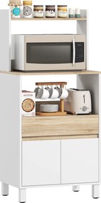 Móvel aparador de cozinha com armário, gaveta e prateleira superior, 60 x 40 x 131 cm, em carvalho e branco