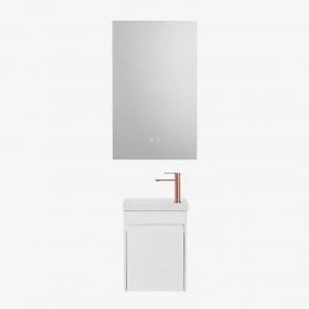 Conjunto De Móvel De Casa De Banho Suspenso Em Madeira Com Lavatório Integrado Narek Branco & Retangular Led E Anti-embaciamento 55x90 Cm Riben & Ouro