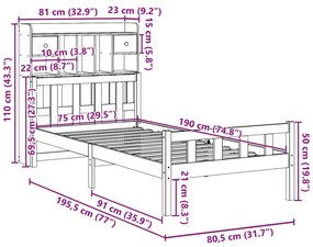Cama com estante sem colchão 75x190cm pinho maciço castanho-mel