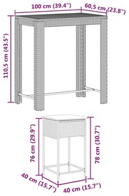 7 pcs conjunto de bar para jardim c/ almofadões vime PE preto