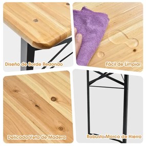 Conjunto de mesa de piquenique e banco de 3 peças, mesa de cerveja dupla com estrutura de aço de 2 assentos para jardim externo natural