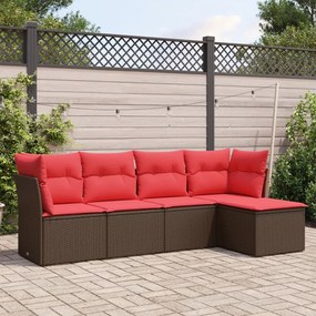 vidaXL 5 pcs conjunto sofás p/ jardim c/ almofadões vime PE castanho