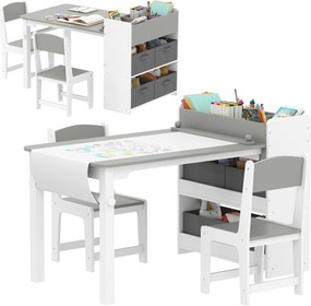 Conjunto de mesa e 2 cadeiras infantis em madeira com rolo de papel, prateleiras e gavetas, para meninas e meninos dos 3 aos 8 anos, cinzento