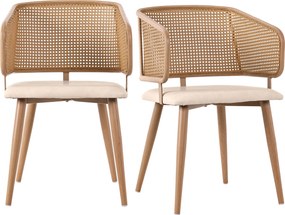 Conjunto de 2 cadeiras de jantar com encosto em rattan, almofada de assento em couro sintético, 51x54x79 cm, Bege