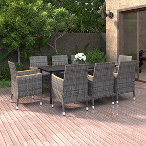vidaXL 9 pcs conjunto jantar jardim c/ almofadões vime PE e vidro