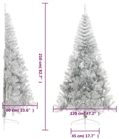 Meia árvore de Natal artificial com suporte 210 cm PET prateado