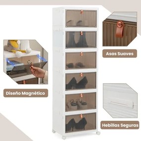 Caixas arrumação para sapatos dobráveis de 6 níveis com portas magnéticas transparentes e rodas universais com fecho 40 x 27,5 x 123 cm Branco