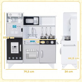 Cozinha de Madeira com Som Acessórios em Aço Inoxidável Micro-Ondas, Máquina de Gelo Cafeteira, Máquina de Lavar Loiça 79,5x24x83,8 cm Branco