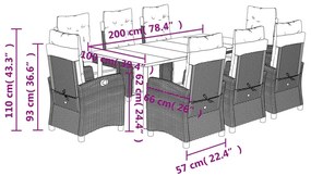 9 pcs conjunto de jantar p/ jardim c/ almofadões vime PE preto