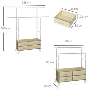 Guarda Roupa com Rodas Altura Ajustável Barras Extensíveis e 4 Gavetas de Tecido  88-148x42x93-160 cm Bege