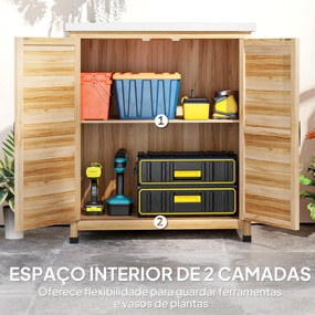 Armário de Exterior em Madeira com Tampo de Aço Galvanizado Prateleira 2 Portas  para Armazenamento de Ferramentas 79x43x92 cm Madeira