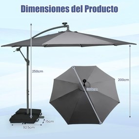 Guarda-sol de 3 m com pega 32 luzes LED solares com base de saco de areia jardim piscina cinzento