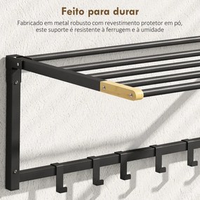 Toalheiro de Parede 60x32,5x20 cm Dobrável com 5 Barras e 6 Ganchos Suporte para Toalhas para Casa de Banho Dobrável e Compacto Preto