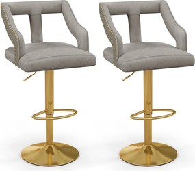 Conjunto de 2 bancos de bar giratório ajustável com apoio para os pés Base metálica tipo holandeses em veludo Cinzento e dourado