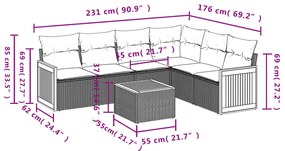 7 pcs conjunto sofás p/ jardim c/ almofadões vime PE cinzento