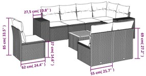 9 pcs conjunto de sofás p/ jardim com almofadões vime PE bege