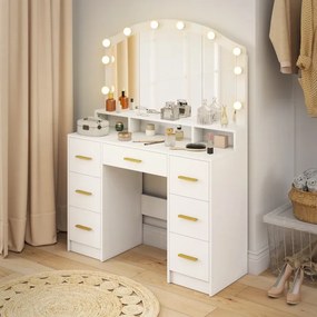 Toucador maquilhagem com 10 Luzes LED de 3 Cores  110x40x150 cm com Espelho 7 Gavetas 3 Compartimentos Moderno Branco