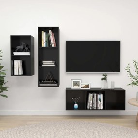 3 pcs conjunto de móveis de TV contraplacado preto brilhante