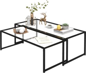 Conjunto de 2 mesas de centro encaixáveis, retangulares, de design moderno, em aço preto e com tampos em vidro temperado