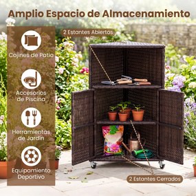 Armário de rattan para exterior com rodas 66 x 47 x 111 cm, compartimento aberto de 2 níveis com portas, aparador com rodas para jardim e terraço, Cas