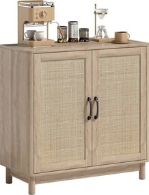 Aparador de sala 76 x 35 x 75,5 cm, móvel de arrumação com 2 portas em rattan, prateleira ajustável e cantos arredondados, cor carvalho