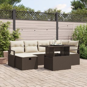 Conjunto de Sofá de Jardim de 7 Peças com Almofadas Marrom Vime PE