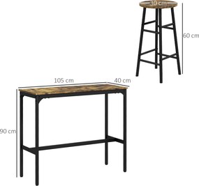 Conjunto de mesa alta de bar + 2 bancos com estrutura em aço e tampo com efeito de madeira de mogno para 2 pessoas, castanho rústico, preto