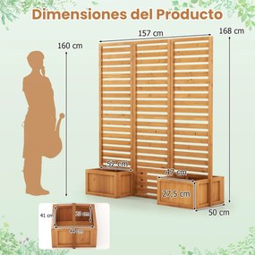 Biombo Cerca 157 x 50 x 168 cm decorativa Divisória separadora para exterior com 2 floreira com drenagem automática 3 painéis dobráveis Amarelo