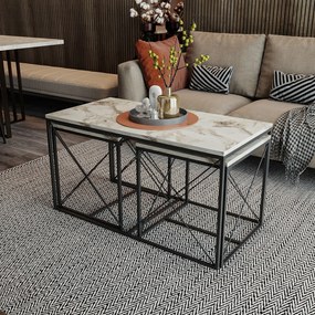 Conjunto de Mesas de Centro Defne – Mármore Branco e Preto – 100x52x50