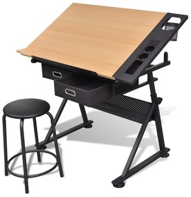 vidaXL Mesa de desenho com tampo inclinável/banco/2 gavetas