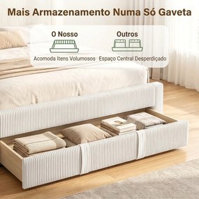 Cama Estofada 140x200 cm (COLCHÃO NÃO INCLUIDO) com Cabeceira Acolchoada Gaveta de Arrumação e Ripas de Madeira Bege