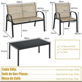 Conjunto jardim de mesa de centro, cadeirão e banco para mobiliário Mesa de jardim em ferro e rede Mesa de centro para terraço exterior Castanho