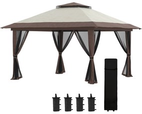 Outsunny Tenda Dobrável Pop-Up 3,9x3,9 m Tenda de Jardim com Altura Ajustável Proteção UV50+ Rede Mosquiteira e Bolsa de Transporte com Rodas Bege e Marrom | AOSOM Portugal