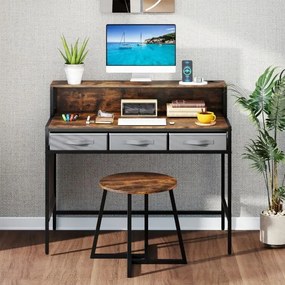 Secretária para computador 110 x 50 x 95,5 cm com tomadas elétricas com banco com suporte para monitor e Gavetas de tecido Castanho