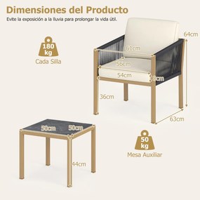 Conjunto Jardim de 3 peças de mobiliário de exterior em corda trançada com almofadas, para terraço, jardim ou varanda Castanho, preto e bege