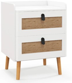 Mesa de cabeceira com 2 gavetas decoradas em rattan Pernas de madeira moderna para a sala de estar Quarto 45 x 40 x 57 cm Branco